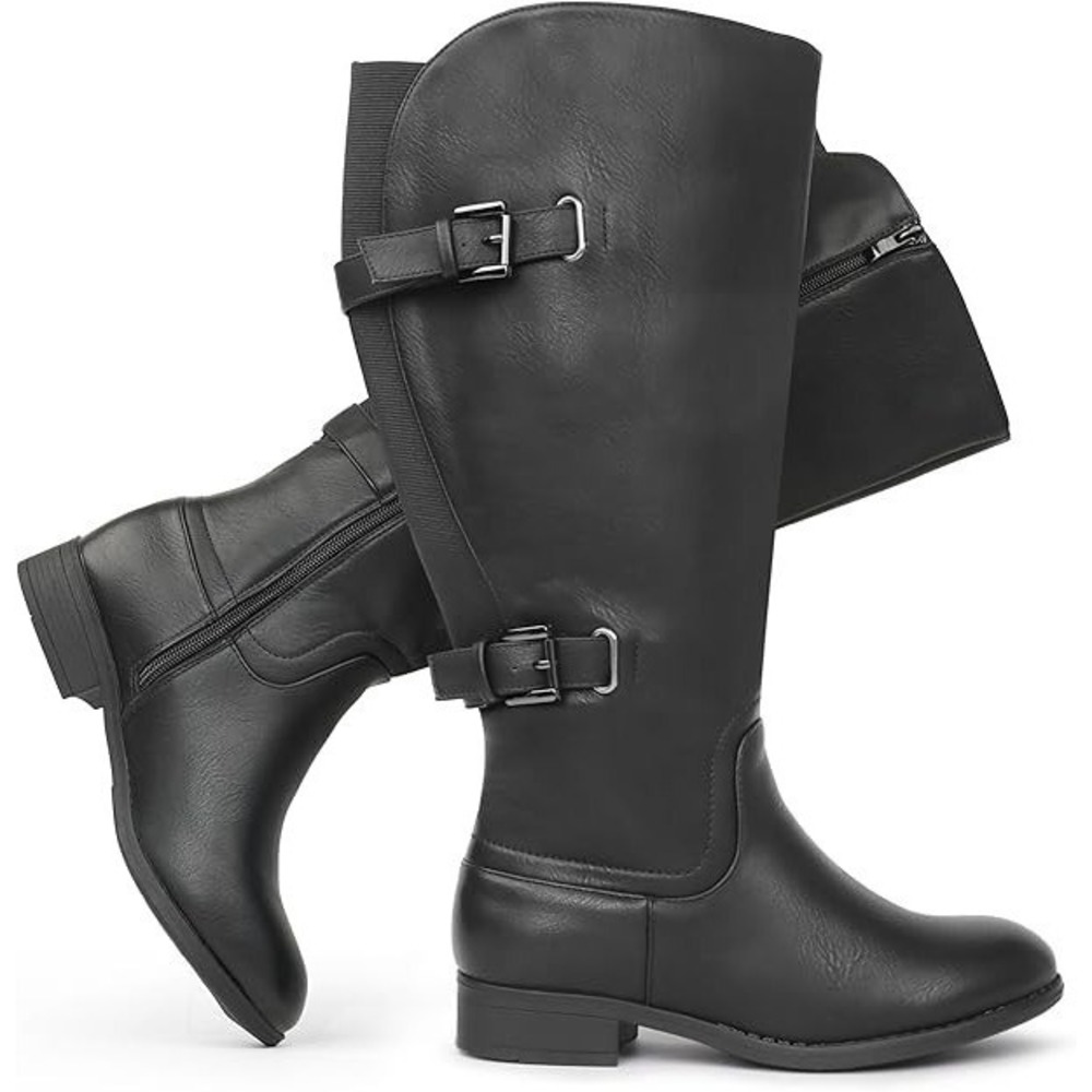 ChicBlooms Wide Calf Double Buckle Black Knee Hight Boots Women's Size 7.5 NEW